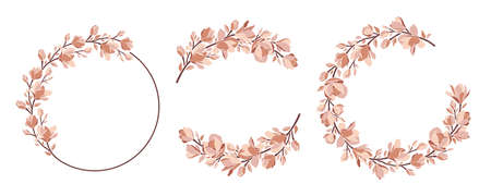 Set of wreaths in pastel color palette. Floral vector frames with magnolia branches, leaves, blooming flowers, buds. Modern minimalist art. Illustration for greeting card, wedding invitation, etc.のイラスト素材