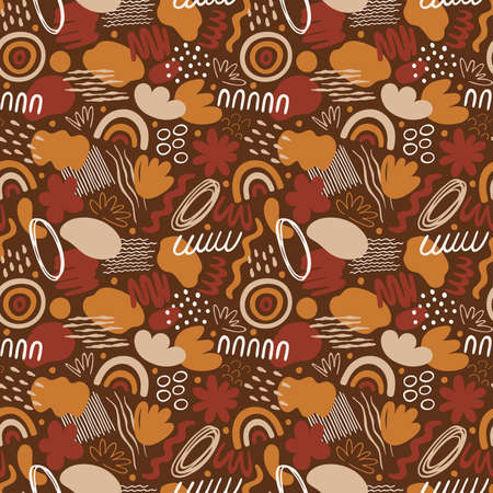Seamless pattern with organic shapes: spots, lines, dots, waves, flowers, rainbow. Abstract vector illustration with doodles in simple trendy style. Design for fabric, package, cover, wall art, printsのイラスト素材