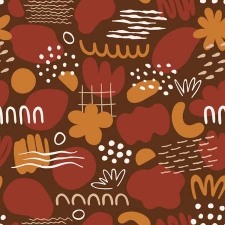 Seamless pattern with organic shapes: dots, lines, spots, waves, flowers. Illustration with doodles in simple trendy style. Abstract vector design for textile, wall art, package, covers, flyers, etc.のイラスト素材
