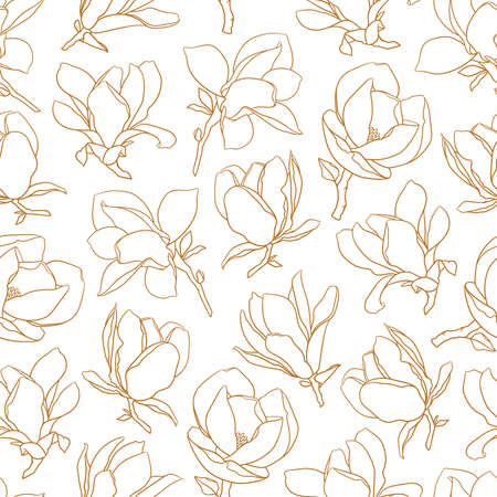 Seamless pattern with magnolia flowers. Modern minimalistic style, gold line blooming buds on branches, white background. Spring floral design for textile, package, wedding decor. Vector illustration.のイラスト素材