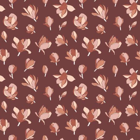 Magnolia flowers, seamless pattern. Modern minimalist style, blooming buds on a brown background. Floral design for textile, wrapping paper, packaging, wall, wedding decor. Vector illustration.のイラスト素材