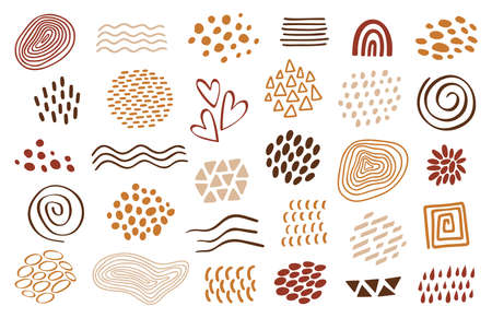 Organic shapes set, design template. Vector abstract textures, waves, dots, lines, forms. Terracotta color illustration, isolated on white. Elements for social media posts, stories background, prints.のイラスト素材