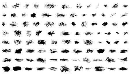 Brush strokes elements vector set. Hand drawn grunge spots, stains, lines, scratches for design. Template of black ink abstract elements.のイラスト素材