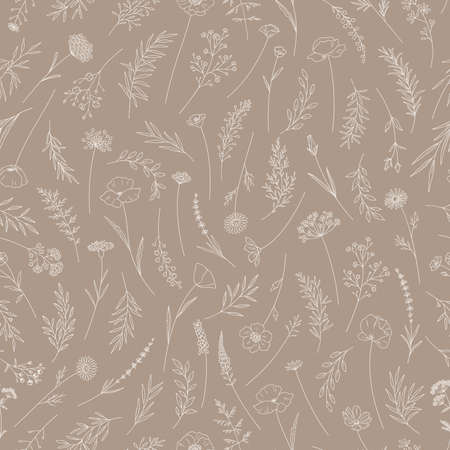 Seamless pattern with wildflowers. Meadow herbs and flowers. Floral vector illustration. Elegant botanical print in thin line, modern style design. Nature background for fabric, package, wrapping.のイラスト素材