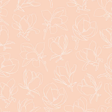 Seamless pattern with magnolia flowers. Modern minimalistic style, white line blooming buds on branches, beige background. Spring floral design for textile, package, wedding decor. Vector illustrationのイラスト素材