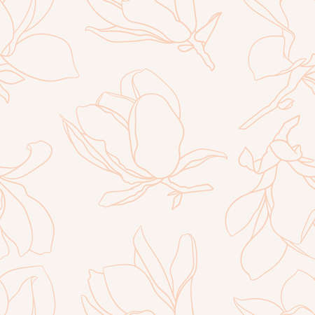 Seamless pattern with magnolia flowers. Modern minimalistic style, line blooming buds on branches, beige background. Spring floral design for textile, package, wedding decor. Vector illustration.のイラスト素材