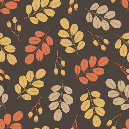 Autumn seamless pattern with cute leaves and berries. Vector illustration on brown background. Fall ornament. Foliage print for fabric, package, wrapping, wall art. Red, yellow, beige colors.のイラスト素材