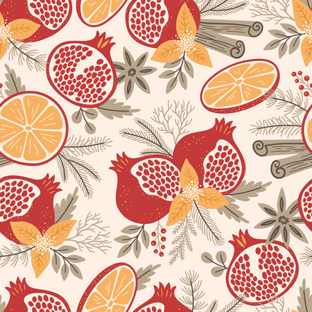 Seamless pattern with pomegranates, orange slices, cinnamon, anise stars, leaves, and fir branches. winter background. christmas vector illustrationのイラスト素材