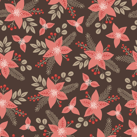 Christmas seamless pattern with poinsettia flowers, fir tree branches, leaves. hand drawn floral vector illustrationのイラスト素材