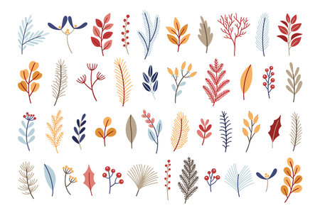 Christmas twig set. Hand drawn decoration elements. Winter greenery collection for decor. vector illustrationのイラスト素材