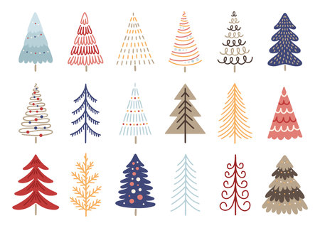 christmas tree set. Hand drawn decoration elements. Traditional symbol of winter holidays. vector illustrationのイラスト素材