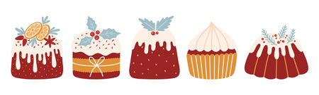Christmas cakes decorated with icing, berries, leaves, and spruce branches. Set of homemade traditional holiday baking. vector illustrationのイラスト素材
