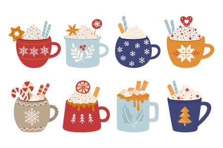 Christmas hot drinks with whipped cream hats in cute mugs. Set of winter vector objects. holiday illustration.のイラスト素材