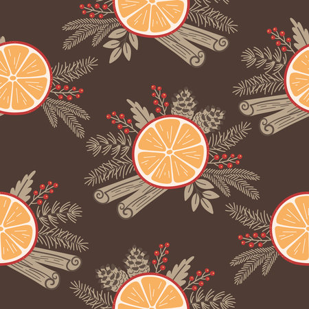Christmas seamless pattern with orange slices, cinnamon, berries, fir branches, cones, and leaves. winter background. vector illustrationのイラスト素材