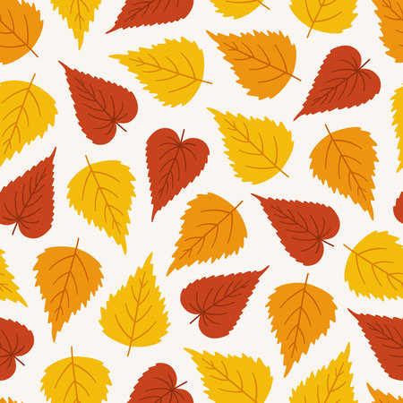 Autumn seamless pattern with colorful birch leaves. Vector illustration on white background. Fall ornament. Foliage print for fabric, package, wrapping, wall art. Red, orange, yellow, colors.のイラスト素材