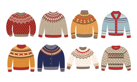 Christmas knitted sweaters set. Winter wool pullovers are decorated with ornaments. vector illustrationのイラスト素材