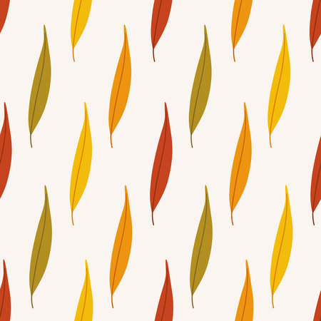 Autumn seamless pattern with colorful willow leaves. Vector illustration on white background. Fall ornament. Foliage print for fabric, package, wrapping, wall art. Red, orange, yellow, green colors.のイラスト素材