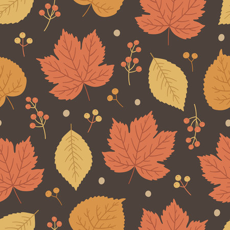 Autumn seamless pattern with maple, linden leaves and some berries. Vector illustration on brown background. Fall ornament. Foliage print for fabric, package, wrapping. Red, orange, yellow colors.のイラスト素材