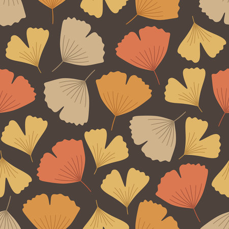 Autumn seamless pattern with cute ginkgo biloba leaves. Vector illustration on brown background. Fall ornament. Foliage print for fabric, package, wrapping, wall art. Red, orange, yellow, beige colorsのイラスト素材