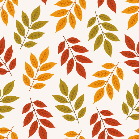 Autumn seamless pattern with colorful ash leaves. Vector illustration on white background. Fall ornament. Foliage print for fabric, package, wrapping, wall art. Red, orange, green colors.のイラスト素材