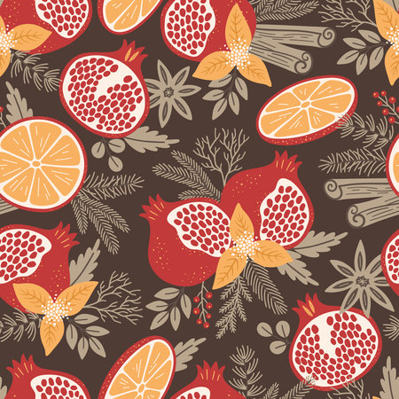 Seamless pattern with pomegranates, orange slices, cinnamon, anise stars, leaves, and fir branches. winter background. christmas vector illustrationのイラスト素材