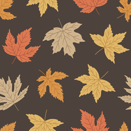 Autumn seamless pattern with different maple leaves. Vector illustration on brown background. Fall ornament. Foliage print for fabric, package, wrapping, wall art. Red, orange, yellow, beige colors.のイラスト素材