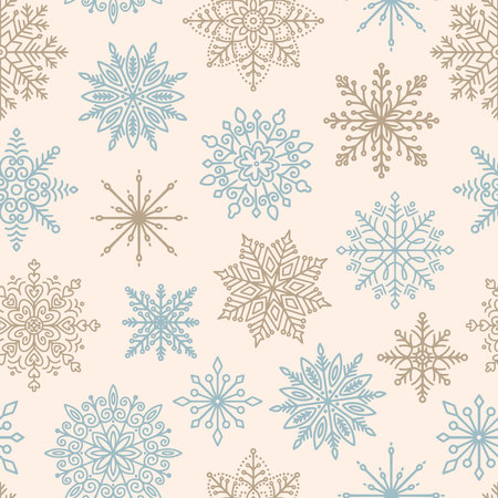Winter seamless pattern with various snowflakes. christmas snow background. Seasonal vector illustration.のイラスト素材