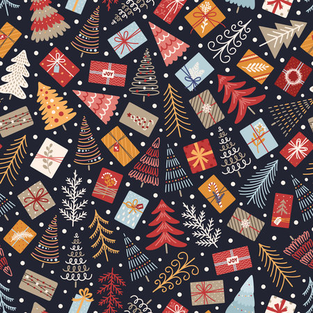 Seamless pattern with Christmas trees, gifts and snow. Winter festive background with traditional holiday symbols. New Year vector illustrationのイラスト素材