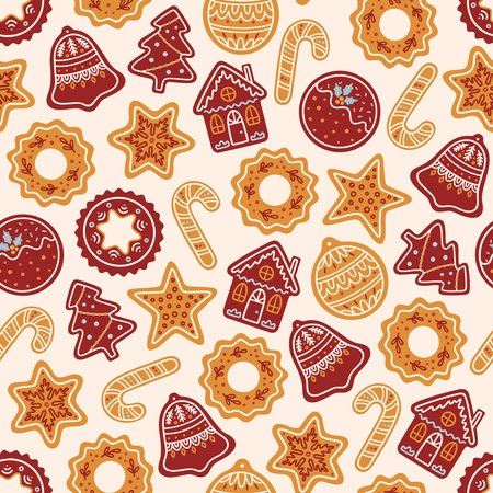 Seamless pattern with gingerbread cookies. Traditional winter holiday pastries in the form of Christmas trees, houses, sweets, stars, bells, balls, decorated with icing. vector illustrationのイラスト素材