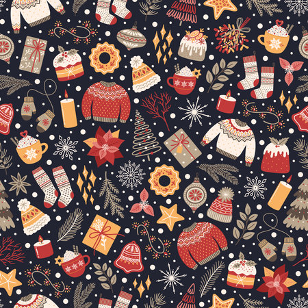 Winter seamless pattern with hygge atmosphere elements - lights, knitted sweaters and socks, fir branches, toys, snowflakes, and others. Christmas background with cute details. vector illustrationのイラスト素材