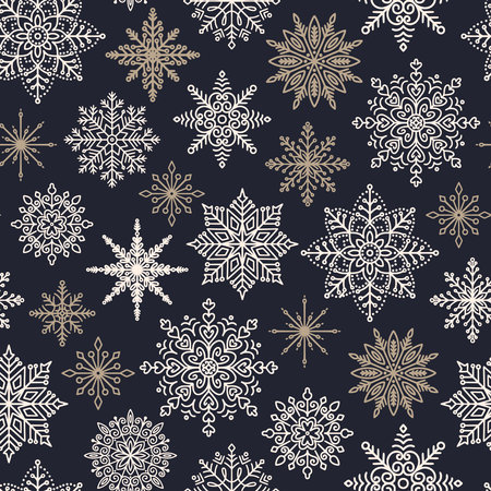 Winter seamless pattern with various snowflakes. christmas snow background. Seasonal vector illustration.のイラスト素材