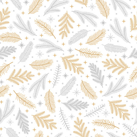 Christmas seamless pattern with various fir branches and snowflakes. Winter holiday background. vector illustrationのイラスト素材