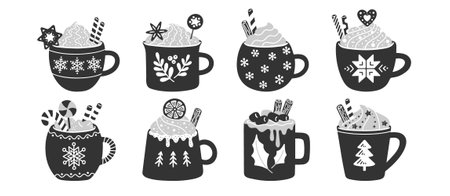 Winter hot drinks in cute cups with whipped cream hats. Vector set of illustrations of Christmas holiday chocolate, coffee, and cocoa mugs.のイラスト素材