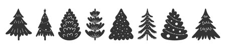 Christmas tree icons, hand-drawn in lines and silhouettes. Vector illustration of winter holiday symbols - firs and pines, black on white background.のイラスト素材