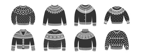Christmas knitted sweaters, vector set of icons. Winter holiday illustrations of cute jumpers with white ornaments on black silhouettes. Collection of warm pullovers.のイラスト素材