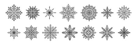 Snowflakes icons set. Hand drawn winter ice decoration elements. Vector illustration of black line snowflake shapes on a white background.のイラスト素材