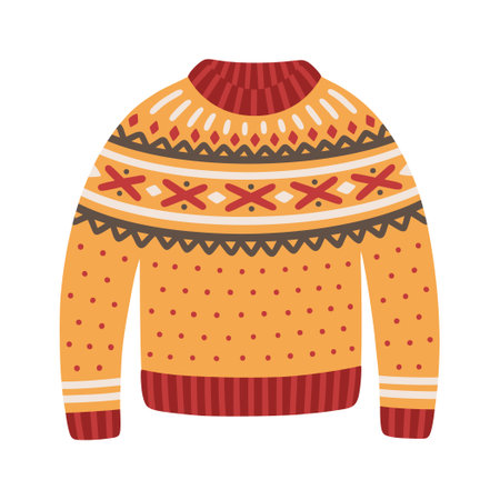 Christmas knitted sweater, vector illustration. Icon of winter holiday jumper with scandinavian ornament. Cute and warm xmas pullover.のイラスト素材