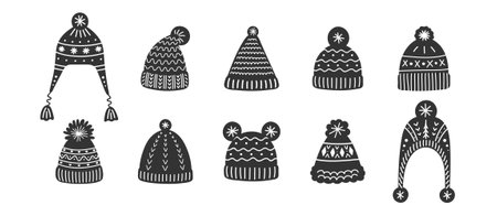 Vector illustrations of winter cute accessories - knit hats with different ornaments. Christmas wool warm caps. Set of knitted garment items.のイラスト素材