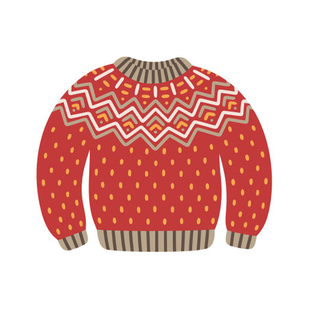 Christmas knitted sweater, vector illustration. Icon of winter holiday jumper with scandinavian ornament. Cute and warm xmas pullover.のイラスト素材