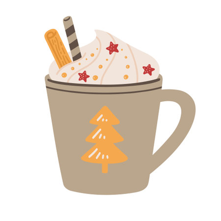 Winter hot drink with whipped cream, cinnamon stick, and straw in a cute cup. Vector illustration of Christmas holiday chocolate, coffee, or cocoa.のイラスト素材