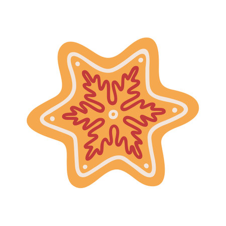Christmas gingerbread cookie, vector Illustration. Snowflake-shaped pastry with the ornament of icing. Homemade sweet holiday ginger baking, isolated on white.のイラスト素材