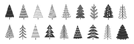 Christmas tree icons, hand-drawn in lines and silhouettes. Vector illustration of winter holiday symbols - firs and pines, black on white background.のイラスト素材