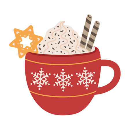 Winter hot drink with whipped cream, cookies, and straws in a cute cup. Vector illustration of Christmas holiday chocolate, coffee, or cocoa.のイラスト素材