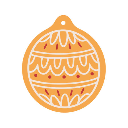 Christmas gingerbread cookie, vector Illustration. Ball-shaped pastry with the ornament of icing. Homemade sweet holiday ginger baking, isolated on white.のイラスト素材