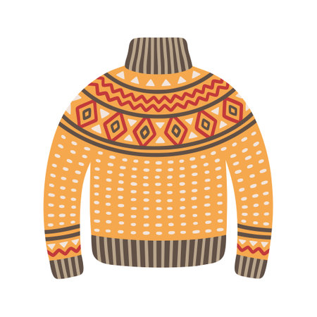 Christmas knitted sweater, vector illustration. Icon of winter holiday jumper with scandinavian ornament. Cute and warm xmas pullover.のイラスト素材