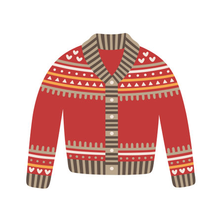 Christmas knitted sweater, vector illustration. Icon of winter holiday jumper with scandinavian ornament. Cute and warm xmas pullover.のイラスト素材