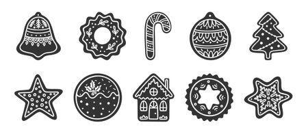 Christmas gingerbread cookie set. Vector Illustration of homemade sweet holiday ginger baking. Silhouette shapes of different cookies with icing, isolated on white.のイラスト素材