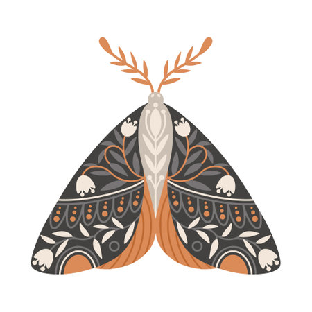 Moth icon with ornament of flowers and leaves. Vintage mystical moth or butterfly. Flying celestial insect, vector illustrationのイラスト素材