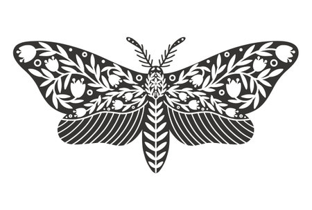 Moth icon with ornament of flowers and leaves. Vintage silhouette of black and white mystical moth or butterfly. Flying celestial insect, vector illustrationのイラスト素材