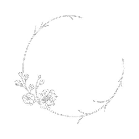 Wreath of blossom apricot flowers, buds and branches, vector illustration. Frame with spring flowers cherry or peach tree. Line art styleのイラスト素材